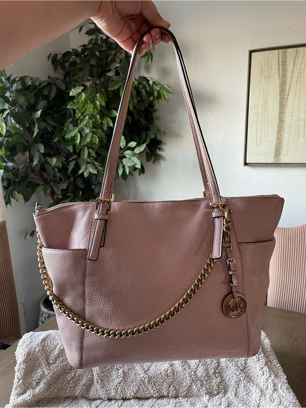 Michael Kors Mauve Pink Leather Tote with Gold Chain